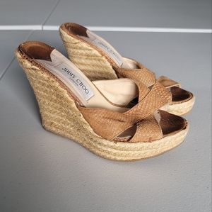Jimmy Choo Tan Leather Wedge Slides Sandals Size 39 Made in Italy